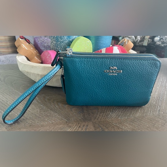 Coach Handbags - NWT Coach Double Corner Zip Wristlet in Silver/Deep Turquoise